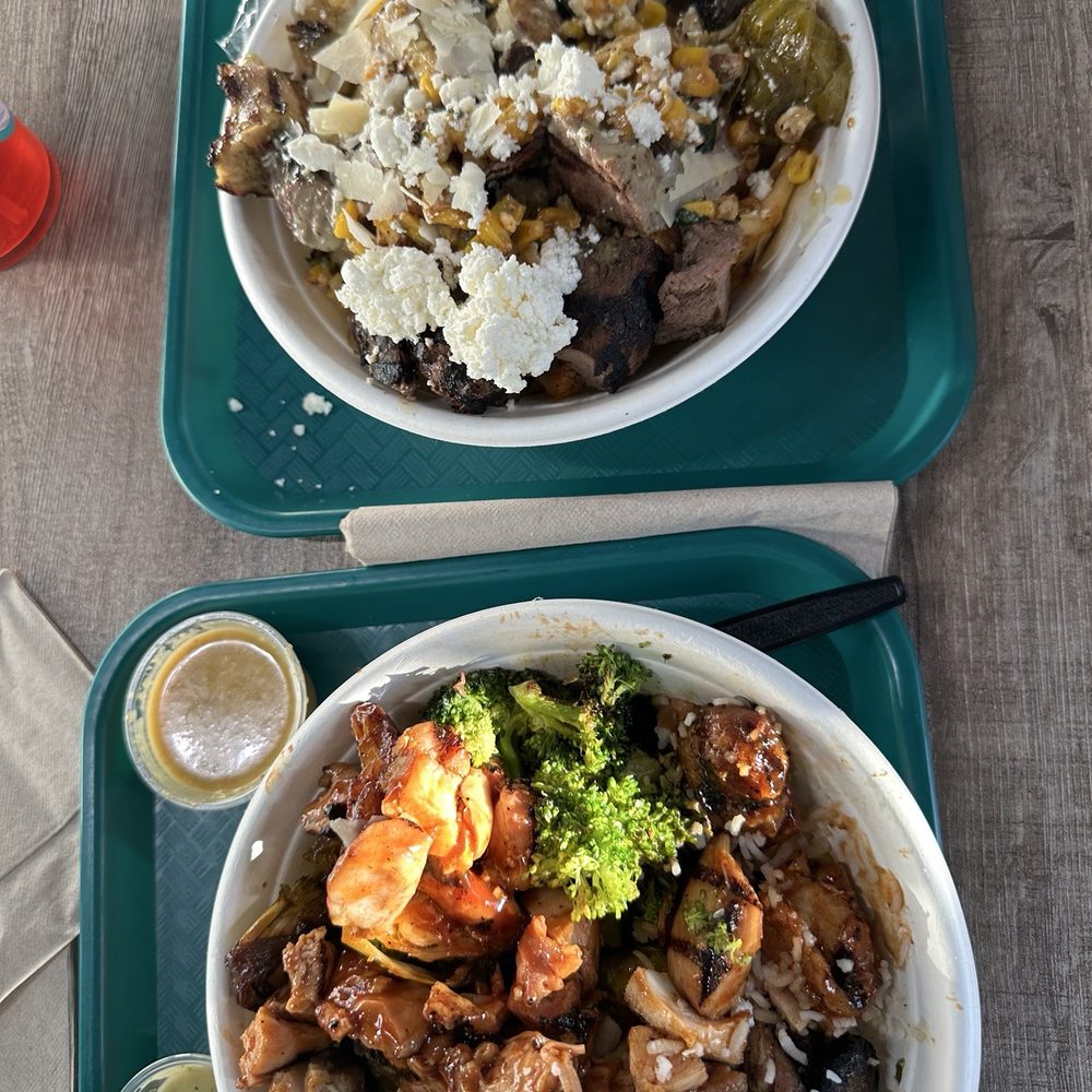 Top: steak, chicken, rice, feta, and sides. Bottom: Teriyaki, bbq chicken, rice, noodles, and sides.