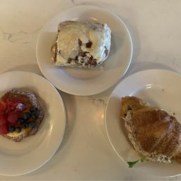 Cream Cheese Danish, Cinnamon Roll, Smoked Chicken Sandwich