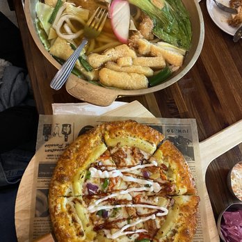 Mahsil - Bbq chicken pizza with gold crust; Mahsil Udon - Korean Near Me - Queens, New York Mahsil - Bbq chicken pizza with gold crust; Mahsil Udon - Korean Near Me - Queens, New York
