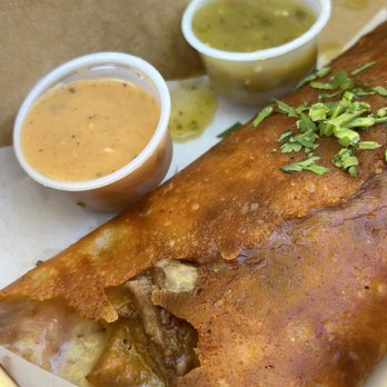 La Santa Barbacha - Crispy cheese only "tortilla" with barbacoa and chichirron...two salsa - Mexican Near Me - Austin, Texas