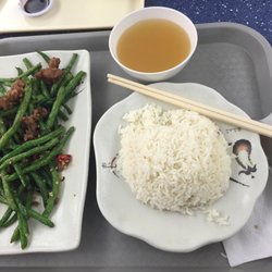 Green beans stir fry with pork mince on rice and soup $10