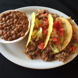Bucky Bee's BBQ - 3 Pork Tacos with Pulled Pork Lettuce Cheese Tomatoes in a Taco Shell with Baked Beans