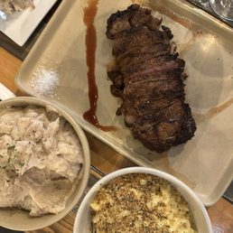 Steak, mashed potatoes, and mac & cheese