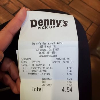 Denny's - My receipt for birthday grand slam - American Near Me - Alhambra, California Denny's - My receipt for birthday grand slam - American Near Me - Alhambra, California