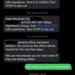 Vallejo Optometry Group - Text messages between me and Vallejo Optometry Group