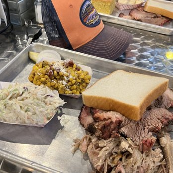 Canyon Smokehouse - Two meat platter (brisket and pulled pork) with cole slaw and corn/peppers sides. - Barbeque Near Me - Bluff, Utah