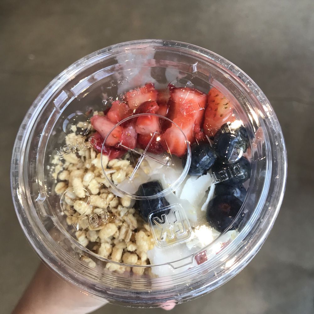 JuiceWell - Aerial view of my to-go açaí bowl. Toppings: strawberries, blueberries, coconut chips, and granola - Juice Bars & Smoothies Near Me - Houston, Texas JuiceWell - Aerial view of my to-go açaí bowl. Toppings: strawberries, blueberries, coconut chips, and granola - Juice Bars & Smoothies Near Me - Houston, Texas