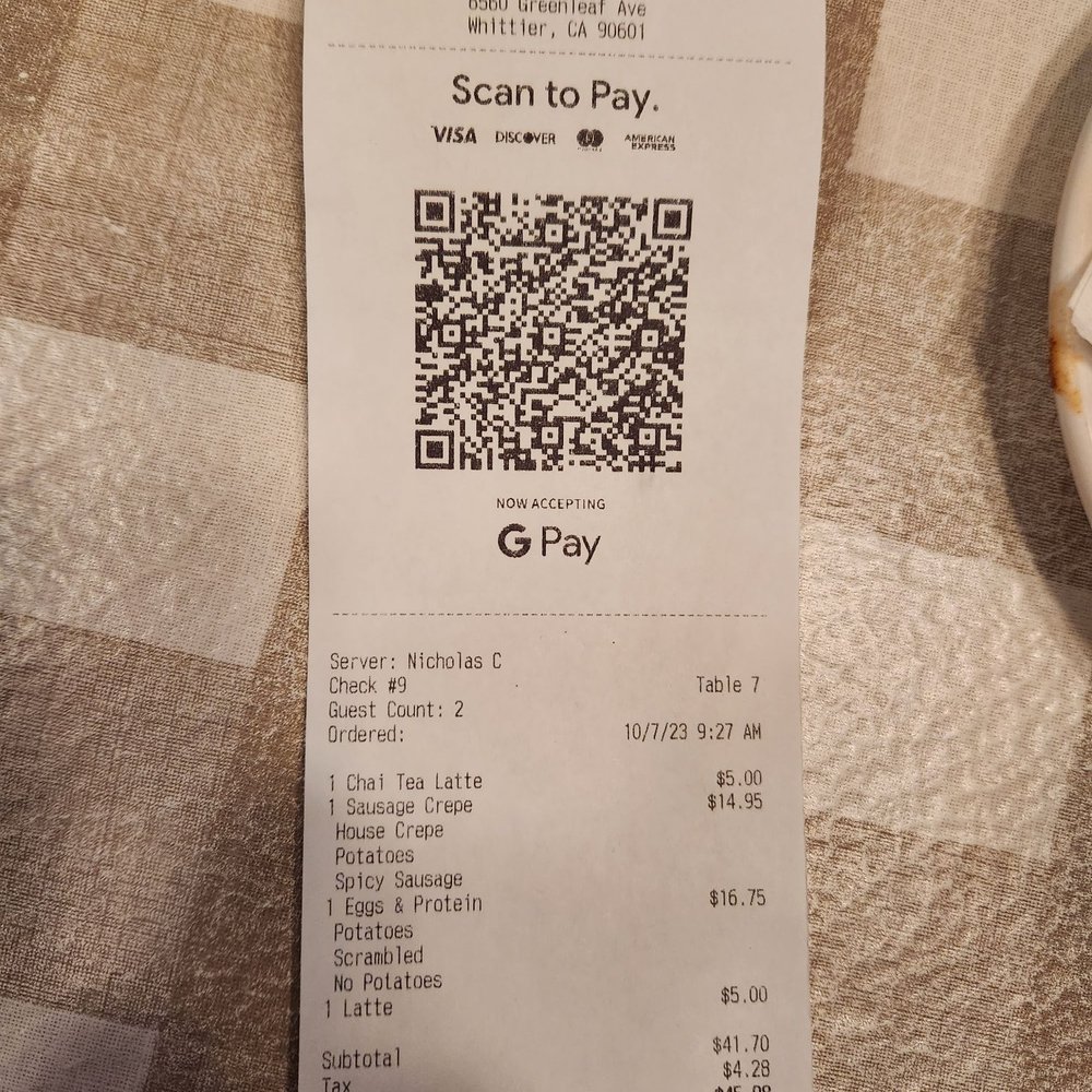 Crêpes & Grapes Café - Our bill - Creperies Near Me - Whittier, California