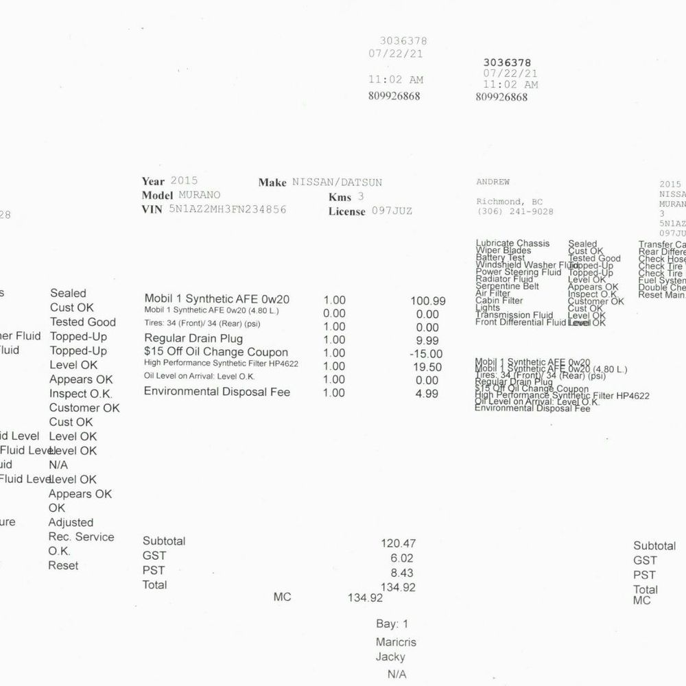 Mobil 1 Lube Express - Upcharge Service Invoice and Record of Work Performed - Car Wash Near Me - Richmond, British Columbia Mobil 1 Lube Express - Upcharge Service Invoice and Record of Work Performed - Car Wash Near Me - Richmond, British Columbia
