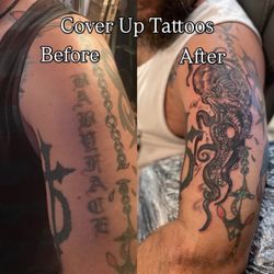 Amazing tattoo cover-up by Dean at Inside Ink Tattoo Studio in Largo. He transformed an old name tattoo into a detailed octopus design.