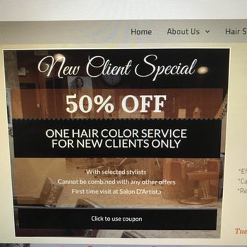 Salon D'Artista - promotion on their website for half off your first color service, not specifying what constitutes a color service. - Hair Salons Near Me - Deer Park, New York Salon D'Artista - promotion on their website for half off your first color service, not specifying what constitutes a color service. - Hair Salons Near Me - Deer Park, New York