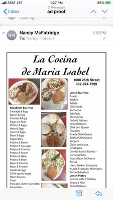 Menu photo 1 La Cocina De Maria Isabel Snyder, TX
