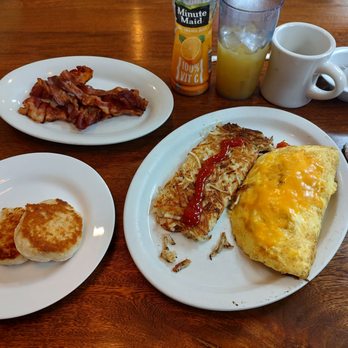 JJ Cafe - Spanish omelette, hash browns, breakfast biscuits, bacon (crispy), coffee, OJ over ice. - Cafes Near Me - Fort Lauderdale, Florida