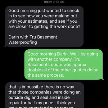 Tru Basement Waterproofing - The text from their sales manager - Waterproofing Near Me Tru Basement Waterproofing - The text from their sales manager - Waterproofing Near Me