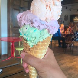 Top to bottom flavors: peach, cherry, birthday cake. Was not expecting big scoops! Top to bottom flavors: peach, cherry, birthday cake. Was not expecting big scoops!