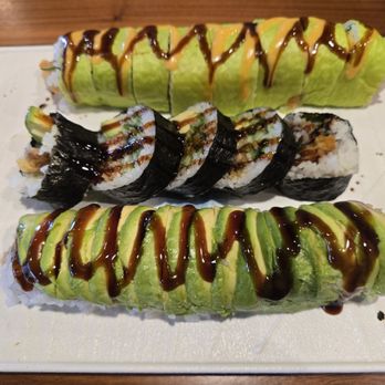 Kintaro - top to bottom: lobster roll, soft shell crab roll, dragon roll - Japanese Near Me - Tucson, Arizona