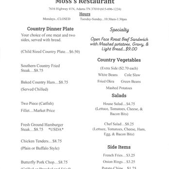Moss's Restaurant - 202601 Menu 1of2 - Southern Near Me - Adams, Tennessee