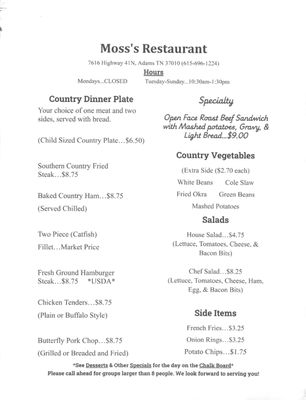 Menu photo 2 Moss's Restaurant Adams, TN