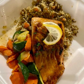 Chute Rooster - Bourbon Glazed Atlantic Salmon. Served with rice pilaf and seasonal veggies. - Steakhouses Near Me - Hill City, South Dakota Chute Rooster - Bourbon Glazed Atlantic Salmon. Served with rice pilaf and seasonal veggies. - Steakhouses Near Me - Hill City, South Dakota