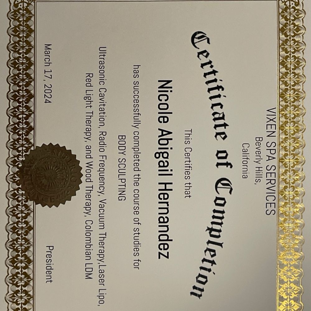 Vixen Spa Services - "Certificate of completion" - Massage Therapy Near Me Vixen Spa Services - "Certificate of completion" - Massage Therapy Near Me