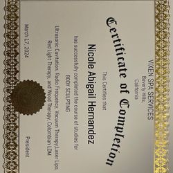 Vixen Spa Services - "Certificate of completion"