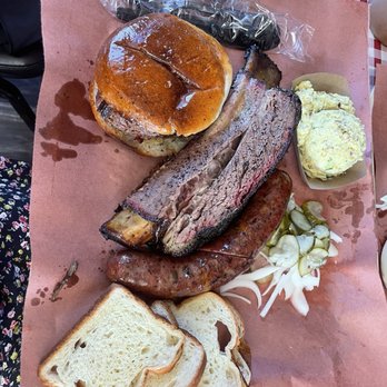Goldee’s BBQ - Beef rib, cheese jalapeno sausage, potato salad - Barbeque Near Me - Fort Worth, Texas