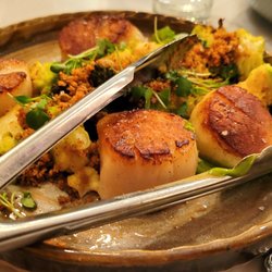 Crafted - Alaskan Weathervane Scallops with caper honey emulsion.
