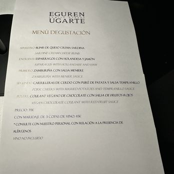 Eguren Ugarte - Menu for tasting dinner - Wineries Near Me - Laguardia, Virgin Islands