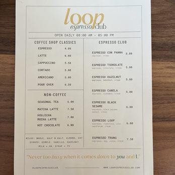 Loop Espresso Club - Menu 05/08/24 - Coffee & Tea Near Me - Los Angeles, California Loop Espresso Club - Menu 05/08/24 - Coffee & Tea Near Me - Los Angeles, California