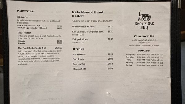 Menu photo 2 Smokin Oak BBQ Mariposa, CA Menu photo 2 Smokin Oak BBQ Mariposa, CA