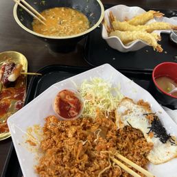 Pork belly kimchi fried rice, So-tteok-so-tteok, Korean cheese ramen, tempura shrimp