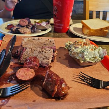 Terry Black's Barbecue - Waco - Brisket and sausage with potato salad - Barbeque Near Me - Waco, Texas Terry Black's Barbecue - Waco - Brisket and sausage with potato salad - Barbeque Near Me - Waco, Texas