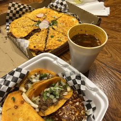The Taco Place - 4 tacos, Birria pizadilla and consommé..