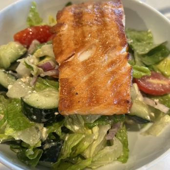 Carlucci's Waterfront - Greek Salad with Salmon - Seafood Near Me - Mount Laurel, New Jersey Carlucci's Waterfront - Greek Salad with Salmon - Seafood Near Me - Mount Laurel, New Jersey