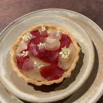 Six Test Kitchen - Chicken liver pie base with rhubarb and elderflower on top. - New American Near Me - Paso Robles, California