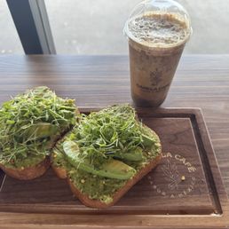 Avocado toast and brown sugar shaken coffee