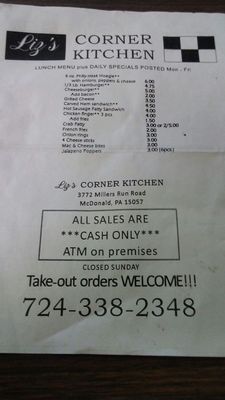 Menu photo 1 Liz' Corner Kitchen McDonald, PA Menu photo 1 Liz' Corner Kitchen McDonald, PA
