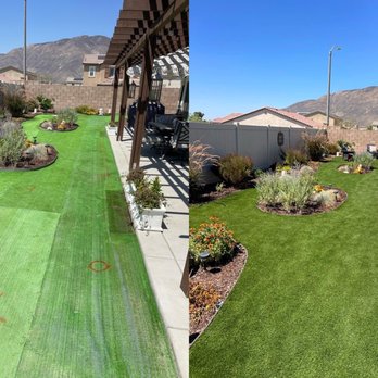 Omdan Development - Before & after backyard makeover: artificial turf, curved garden beds, drought-tolerant plants, and a clean, modern outdoor space - Handyman Near Me - Palm Springs, California Omdan Development - Before & after backyard makeover: artificial turf, curved garden beds, drought-tolerant plants, and a clean, modern outdoor space - Handyman Near Me - Palm Springs, California