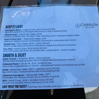 Carruth Cellars - Flight menu 9/2021 - Wineries Near Me - Carlsbad, California