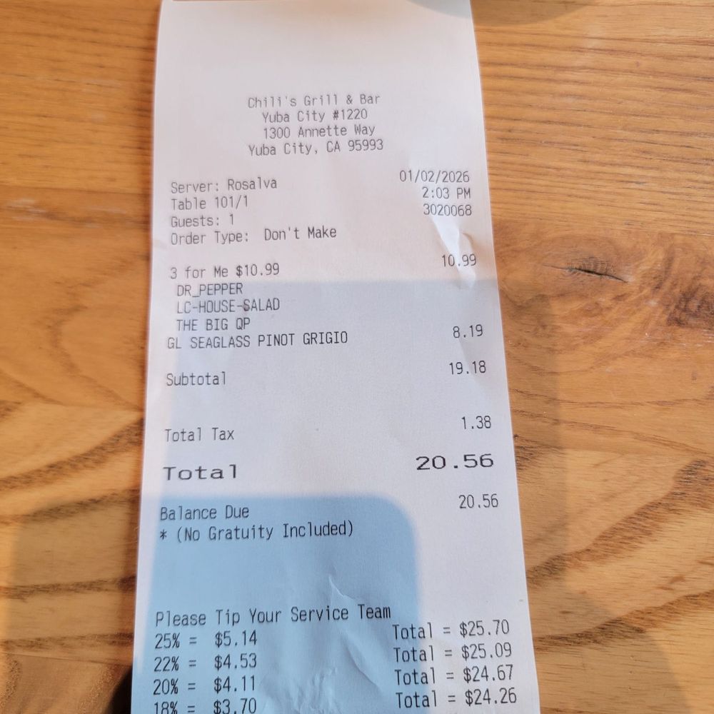 Chili's - January 2nd receipt - Tex-Mex Near Me - Yuba City, California Chili's - January 2nd receipt - Tex-Mex Near Me - Yuba City, California