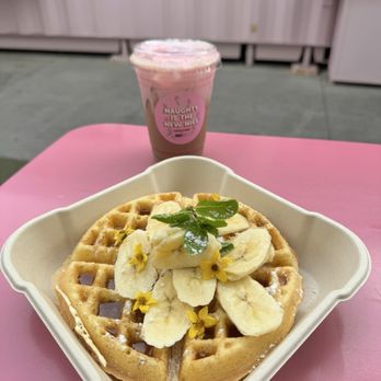Coffee Dose - Beep's Waffle with fresh banana- Drink is Candy Cane Mocha - Coffee & Tea Near Me - Irvine, California