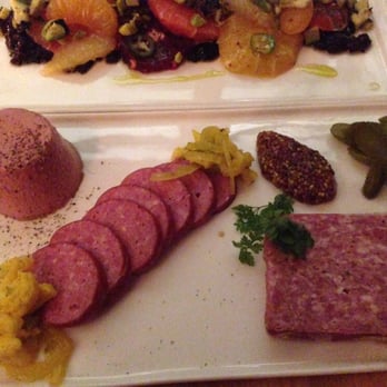 Sycamore - the charcuterie plate, summer sausage, a liver mousse and a chopped meat terrine I believe? Forgive me for not recalling exactly - New American Near Me - Newton, Massachusetts Sycamore - the charcuterie plate, summer sausage, a liver mousse and a chopped meat terrine I believe? Forgive me for not recalling exactly - New American Near Me - Newton, Massachusetts