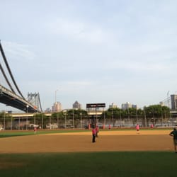 Murry Bergtraum Softball Field - Manhattan Bridge on left, Brooklyn Bridge on right.