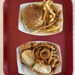 Cruiser's Drive-In - Maui burger and philly steak sandwich with sub curly fries -- curly fries were hard, seemed like leftovers