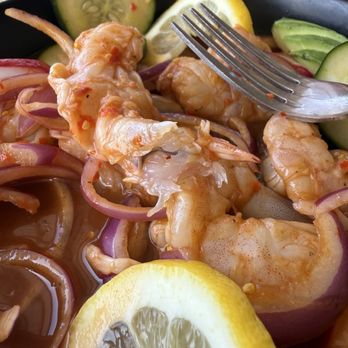 Blu Seafood - Red shrimp aqua chilies with poop shoots still in tact - Seafood Near Me - Gilbert, Arizona