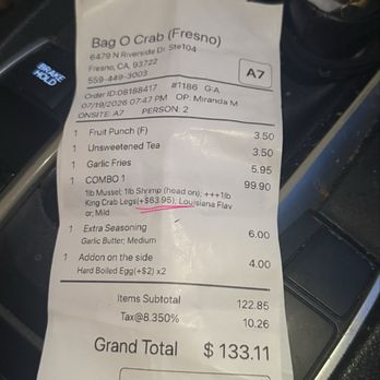 Bag O' Crab - Look at the price for 4 king crab legs..... - Seafood Near Me - Fresno, California