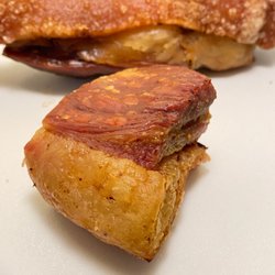 One of the chicharron bites and view of hard crack skin.