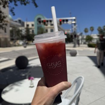 Arya Tea Bar - Strawberries refresher- REAL strawberries!! Didn't taste heavy or sugary at all. Was perfect for the hot day. - Coffee & Tea Near Me - West Palm Beach, Florida