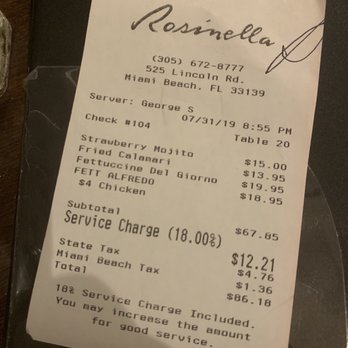 Rosinella - 18% service charge for bad service for a table Of 2 - Italian Near Me - Miami Beach, Florida Rosinella - 18% service charge for bad service for a table Of 2 - Italian Near Me - Miami Beach, Florida