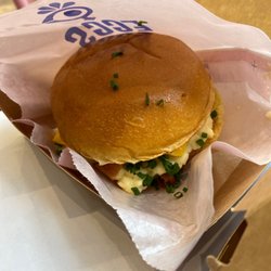 Eggs Inc. - Breakfast egg sandwich with bacon cheese and green onion is amazing!